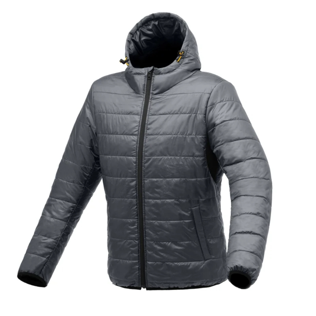 Veste matelassée grise à capuche, fermeture zippée frontale et poches latérales, vue de face sur fond blanc
