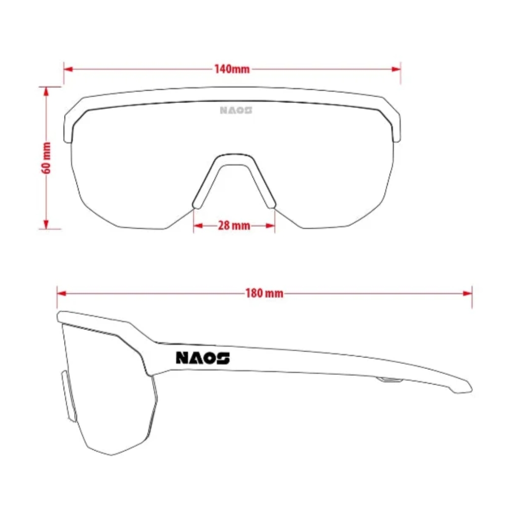 NAOS sportbril met frontglas en poot, technische tekening met 140 mm, 60 mm, 28 mm en 180 mm