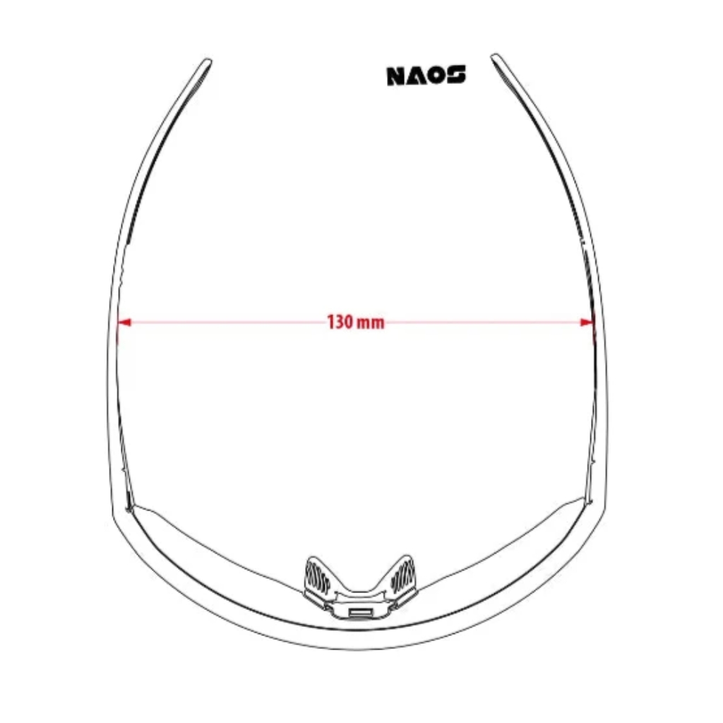 NAOS helmhouder met gebogen beugel, breedte 130 mm aangegeven, vooraanzicht op witte achtergrond