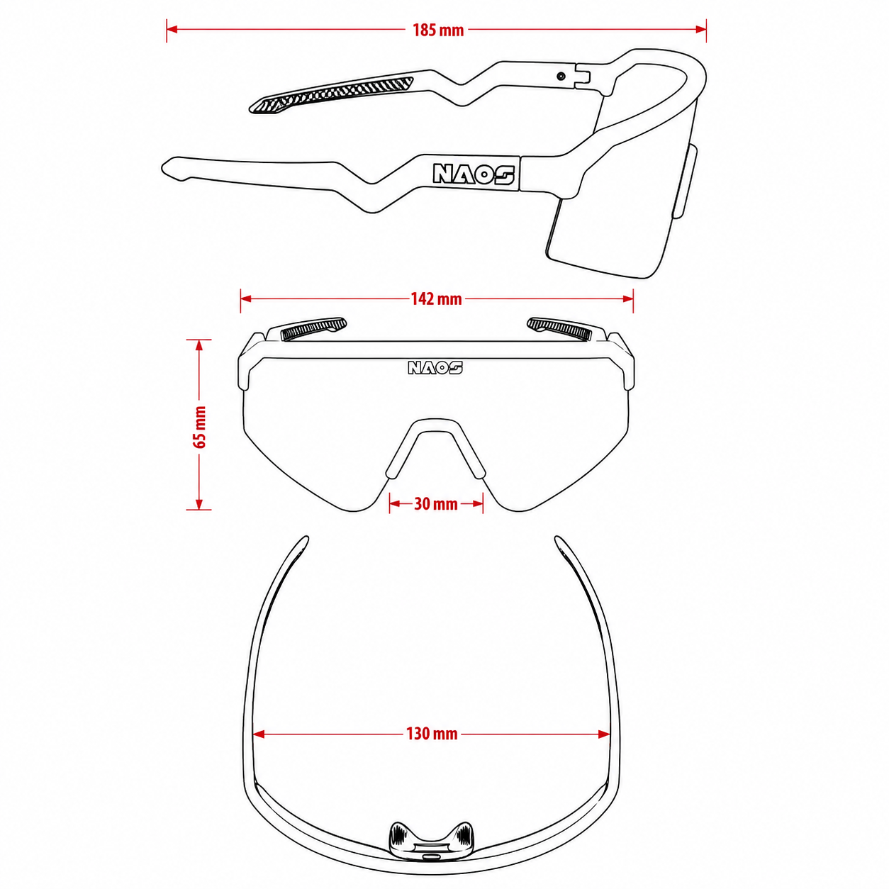 Schéma technique de lunettes cyclistes NAOS, vues de côté et de face : 185 mm, 142 mm, 65 mm, 30 mm et 130 mm.