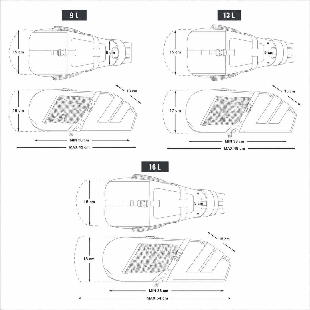 Schéma coté de sacoche de vélo 9, 13 et 16 L, avec dimensions en cm.