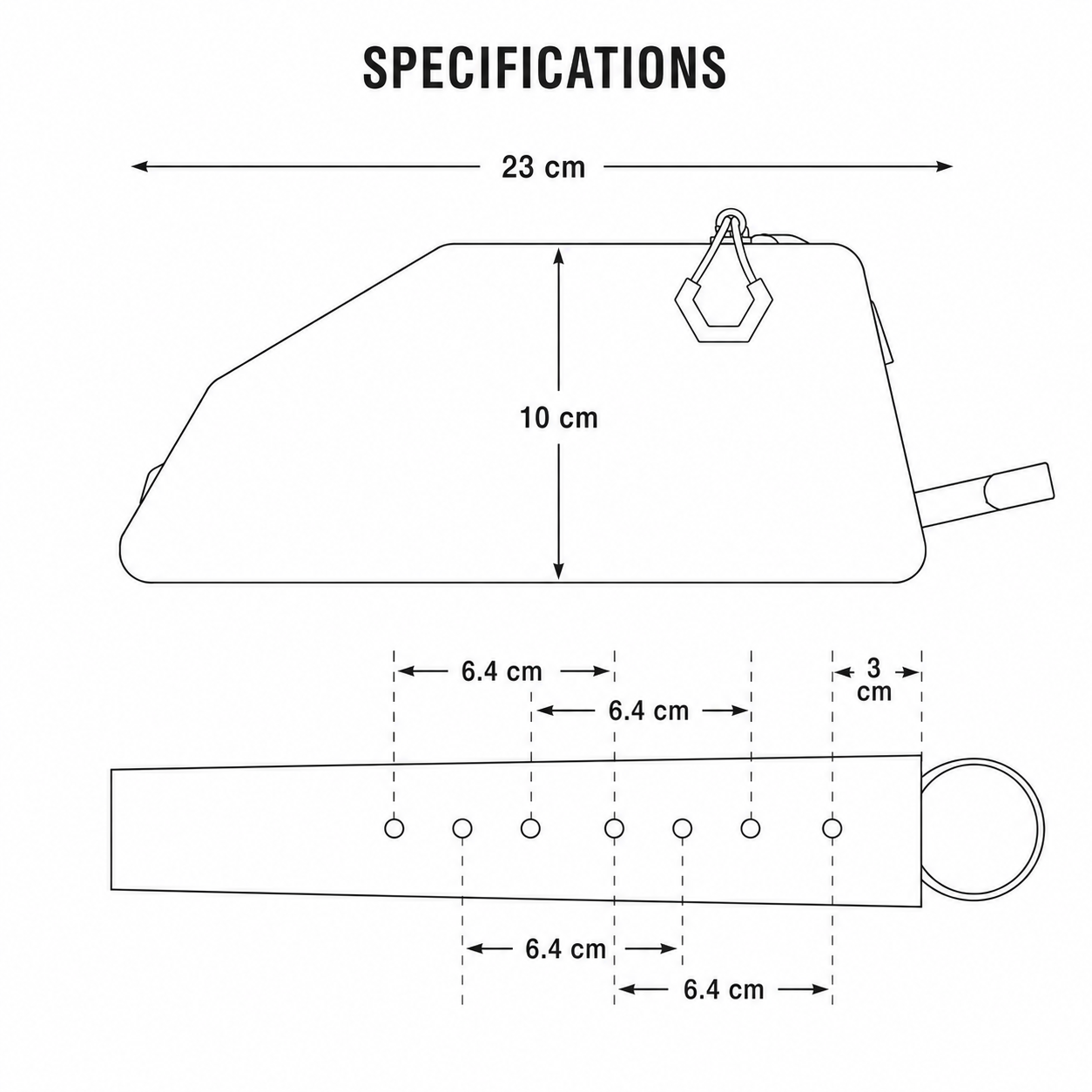 Schéma technique de la Bolt On, avec dimensions 23 x 10 cm et repères d’anneau et de perforations à 6,4 cm et 3 cm.