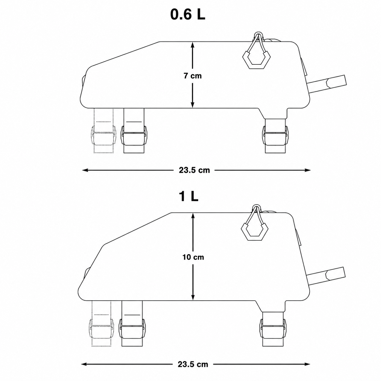 Schéma cotés de la Top Tube : 0,6 L, 7 cm de haut, 23,5 cm de long, et version 1 L, 10 cm de haut, 23,5 cm de long.